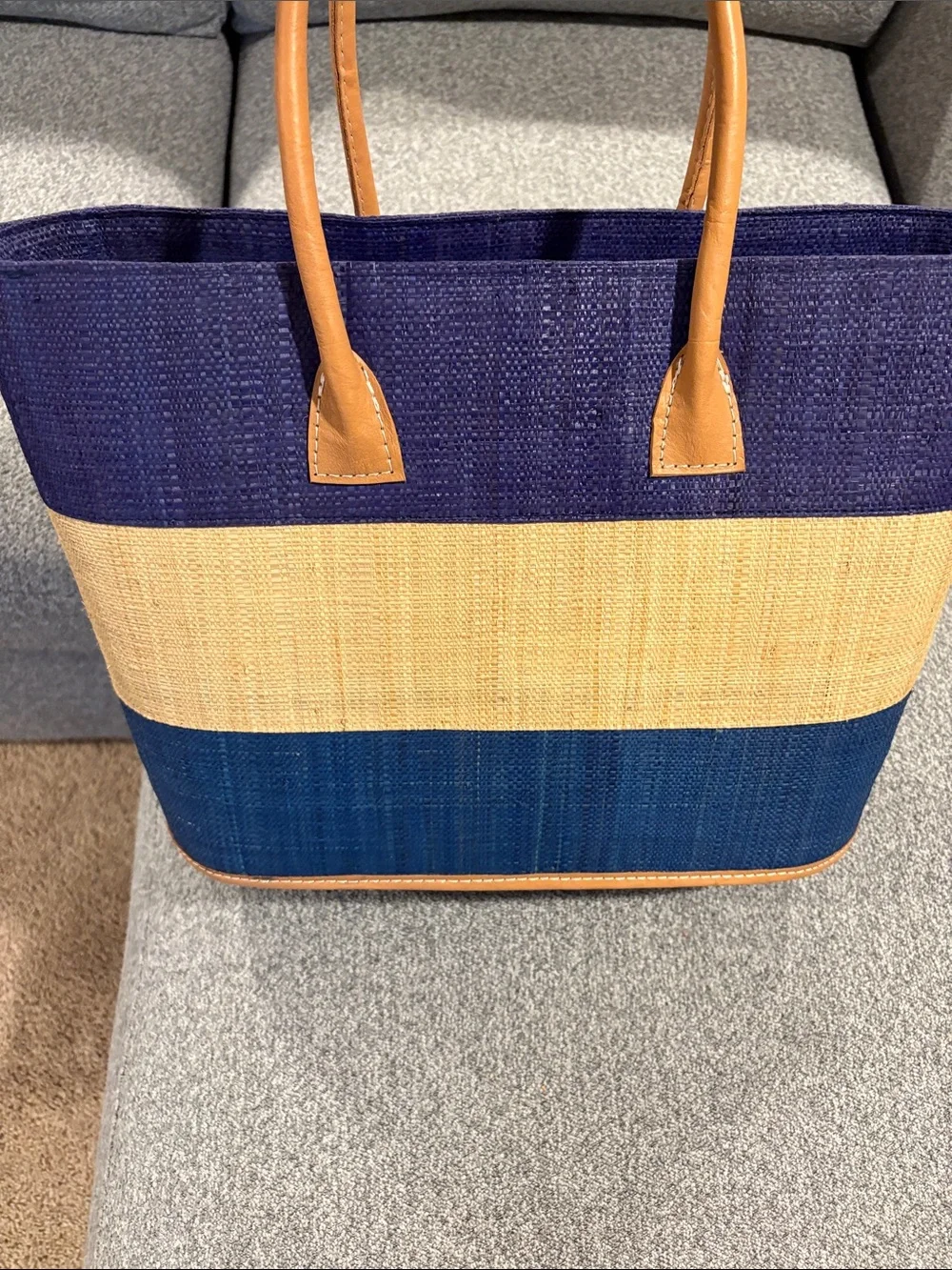 SHEBOBO Santorini MediumStriped Blue and Natural Straw Tote Bag with Tan Handles
